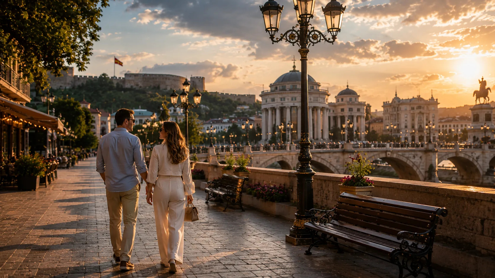 Golden evening walk through Skopje during a wellness break